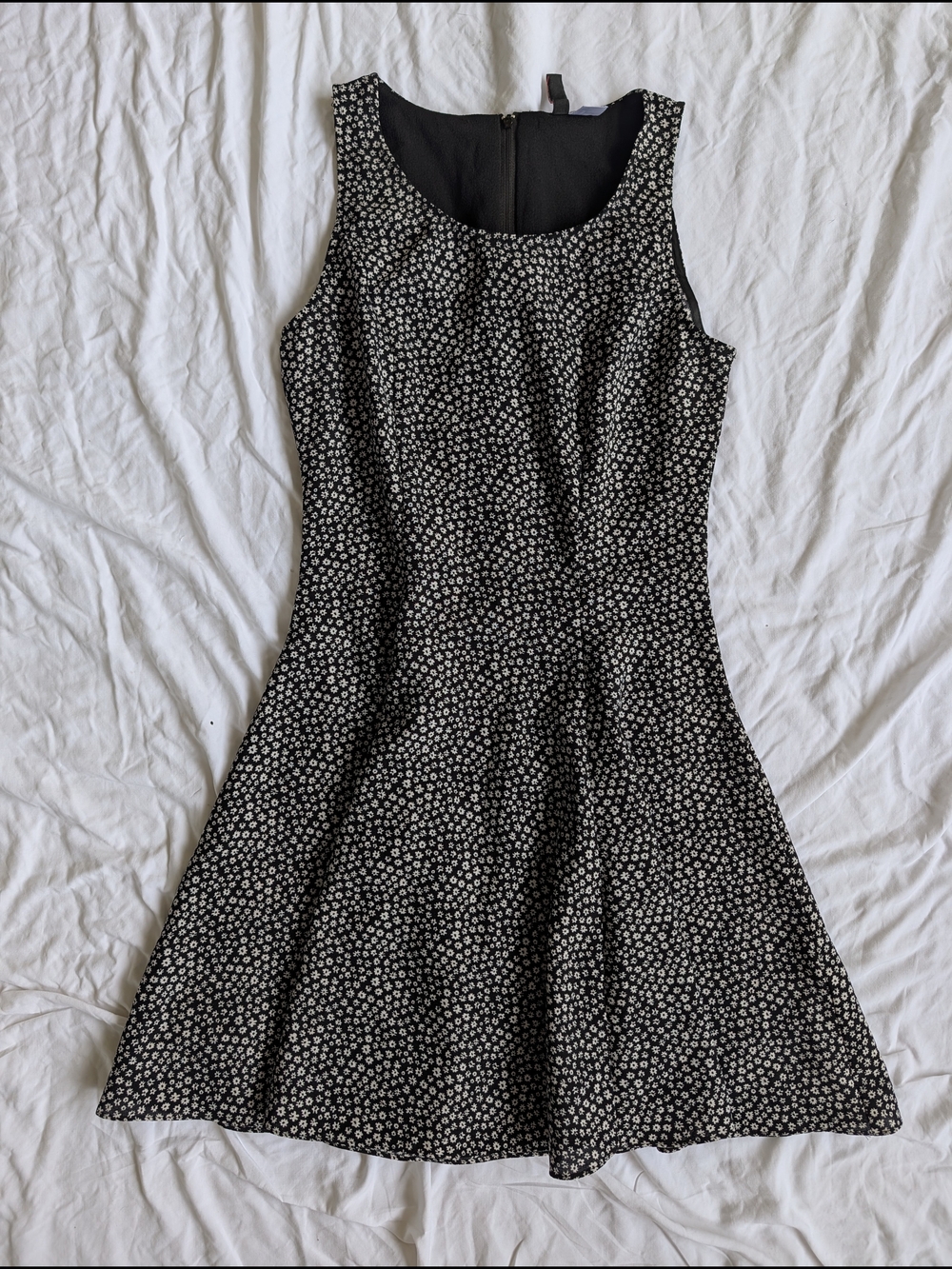 Divided Sleeveless Black and White Floral Fit-and-Flare Dress